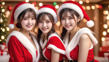 Fototapeta premium Portrait of a beautiful young woman in Santa Claus clothes. Christmas decoration background. Christmas image. Card design. サンタクロースの服を着た美しい若い女性のポートレート。クリスマスの装飾の背景。クリスマスのイメージ。カードデザイン。