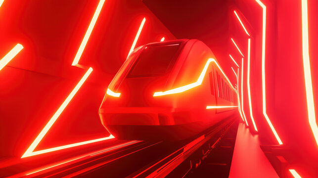 futuristic hyperloop train gliding through vibrant red tunnel, showcasing advanced technology and sleek design. glowing lights create dynamic atmosphere
