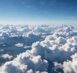 Fototapeta premium Clouds gently drift across the blue sky from a high altitude plane window, depth, landscape, horizon