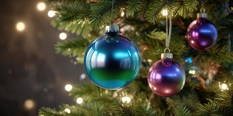 Iridescent glass ornaments on a Christmas tree, decorated, festive, iridescent glass