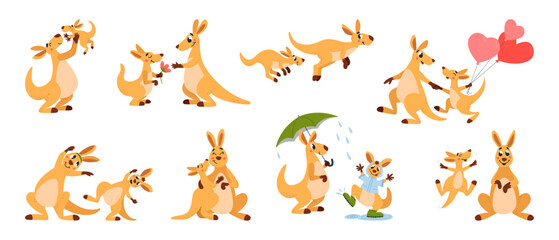 Baby kangaroo with mother. Australian funny wild animals characters. Children kangaroo smiling kissing mom jumping. Motherhood in wildlife classy vector set © LadadikArt