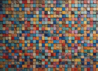 Fototapeta premium Large Mosaic of Small Colorful Tiles on Wood Panel, small tiles, artistic decor