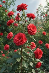 Large red garden rose in full bloom with delicate petals and a sturdy stem, flowers, nature, red
