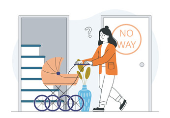 Obstacles for woman with child. Mother with baby stroller near chair. No way for mom with baby. Poor infrastructure in building. Linear vector illustration