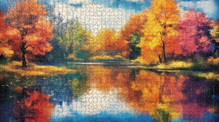 Close-up of a colorful autumn puzzle featuring vivid trees and a tranquil lake, ready to piece together