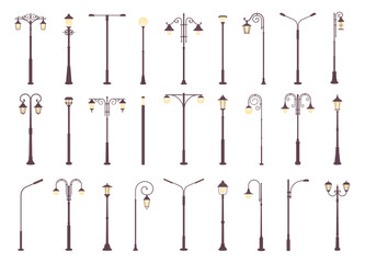 Urban street lamps. Outdoor urban lights elements, retro modern light for city or town sidewalk. Decorative lightning landscape, racy vector collection