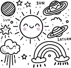Cute space drawing for coloring.  Space theme stickers. Black and white illustration for coloring. Vector icons space theme