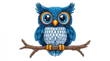 Fototapeten Cute cartoon illustration of a magical snow owl with big shiny eyes perched on a branch, isolated white background. © TimelessClicks
