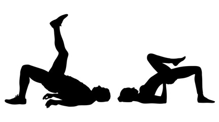 Silhouettes of slim girl and boy practicing yoga stretching exercises. Vector illustration of fitness peope isolated on white background. 