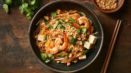 Delicious Shrimp Stir-Fry with Tofu and Peanuts on Wooden Table