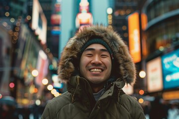 Obraz premium Portrait of a cheerful asian man in his 20s wearing a warm parka while standing against vibrant city skyline