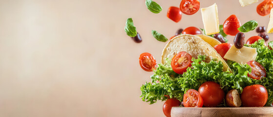Fresh tacos with floating lettuce, tomatoes, and cheese create vibrant and appetizing scene. colorful ingredients evoke sense of freshness and flavor