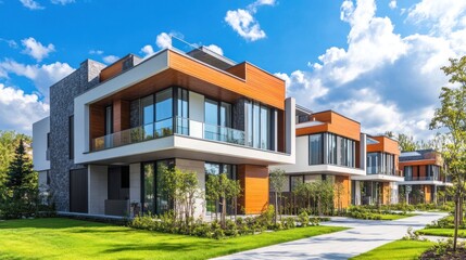 Obraz premium Modern homes with large windows and green landscaping.