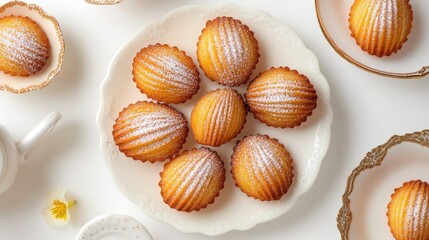 Delicious Golden Madeleines on Elegant White Plate with Powdered Sugar
