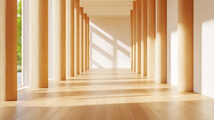 Fototapeta premium Modern wooden corridor with natural light creating shadows in a minimalist space.