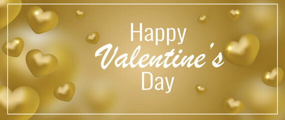 Happy Saint Valentine's day card, gold background.  Long banner, sale header, voucher template. Magic love creative concept