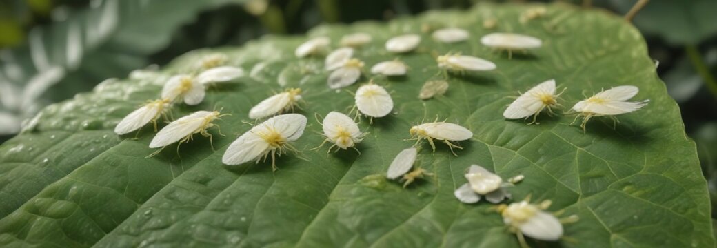 Colonies of whiteflies on leaves with yellowing, colonies, organic gardening