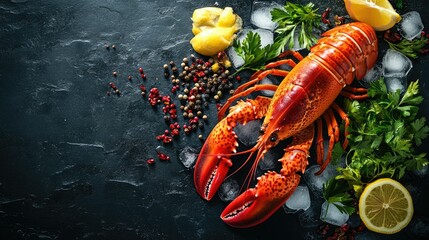 Fresh Red Lobster Surrounded by Herbs, Spices, and Lemon Wedges