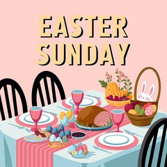 Festive Easter Sunday Dinner Table Setting With Decorated Eggs