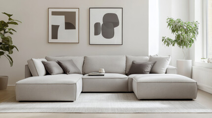 Minimalist living room with a soft gray sectional, a simple rug, and an airy layout that highlights the clean design