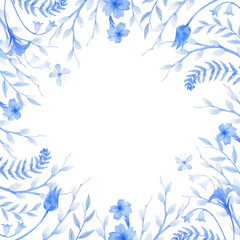 Easter frame with spring flowers: willow, daffodils, primroses and butterflies watercolor illustration hand drawn and isolated. Easter frame