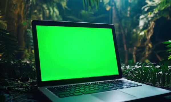 A Laptop with a Green Screen in a Lush Jungle Setting