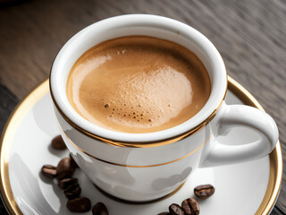 Obraz premium Freshly brewed espresso served in an elegant cup with coffee beans on the saucer