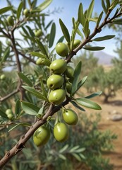 Olive branches with small green unripe olives on a tree branch, forest surroundings, unripe olives