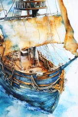 Watercolor painting of a ship sailing on the ocean