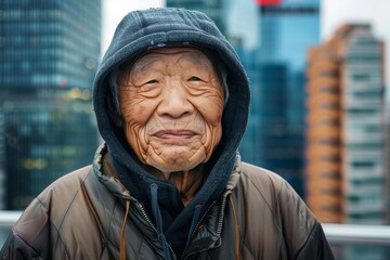 Portrait of a happy asian elderly 100 years old man wearing a zip-up fleece hoodie on vibrant city skyline