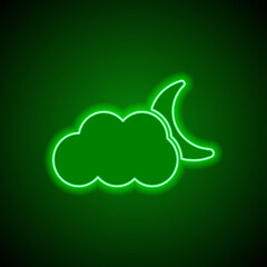 Moon cloud simple icon. Flat design. Green neon on black background with green light
