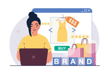Online shopping woman. Young girl with laptop buys yellow dress on Internet. Electronic commerce and marketing. Digital transfer and transaction. Flat vector illustration