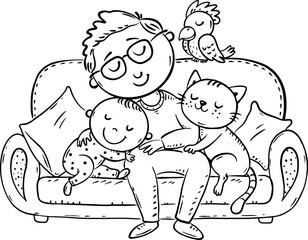 Black and white drawing dad and baby sleeping together on the couch at home. Father with little child. Cartoon family vector illustration.