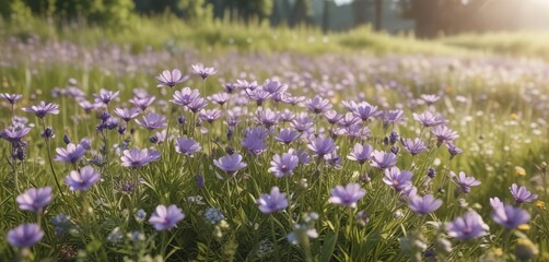 Pastel violet flowers bloom in a sunny meadow, meadow scenery, wildflowers