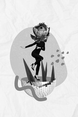 Creative photo 3d collage poster postcard picture of weird personage flower instead head dancing...