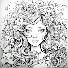 Young woman's face with flowers and nature-inspired decorations. Black and white line art illustration. Coloring page design for relaxation and creativity.
