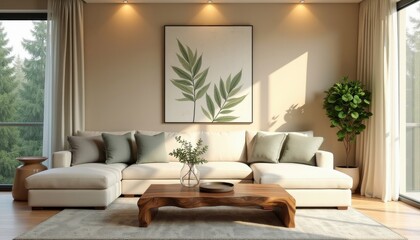Modern living room with a beige sofa, wooden coffee table, and nature-themed artwork, creating a cozy and elegant atmosphere.