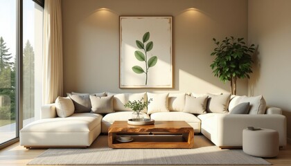 Modern living room with neutral tones, featuring a cozy sectional sofa, wooden coffee table, and lush greenery under warm ambient lighting.
