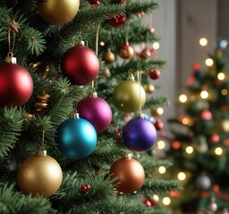 Obraz premium Colorful Christmas Ornaments Hanging on the Tree, festive lights, colorful gifts