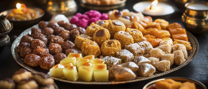 Delicious Diwali sweets including ladoos, barfis, and jale, beautifully arranged on decorative platter, evoke festive joy and celebration