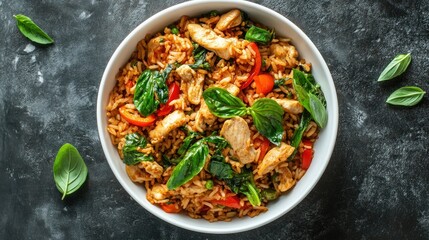 Delicious Chicken Fried Rice with Fresh Basil and Colorful Vegetables