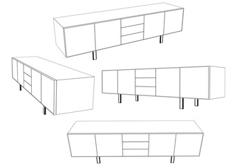 Hand drawn silhouette of mid century dresser. Modern furniture outline drawing. Line art cupboard for trendy interior design. Sketch commode on legs. Vector illustration