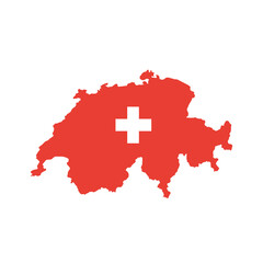 A clean silhouette of Switzerland&rsquo;s map filled with the Swiss national flag, featuring the iconic white cross on a red background, symbolizing neutrality, history, and national pride.