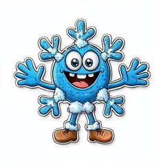 Fototapeta premium Cute cartoon illustration of a snowflake with big sparkling eyes and a joyful smile, isolated white background.