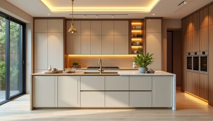 Modern kitchen with sleek cabinetry and ambient lighting, highlighting a minimalist design and neutral tones.