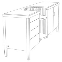 Hand drawn silhouette of mid century dresser. Modern furniture outline drawing. Line art cupboard for trendy interior design. Sketch commode on legs. Vector illustration