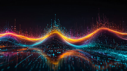 Digital background perfect for tech processes, neural networks, artificial intelligence, data transfer and encryption, digital archives, sound and graphic presentations, science, education, etc.