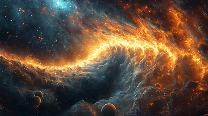 Obraz premium vast cosmic wave engulfing stars and planets in a fiery nebula