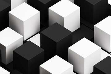 Abstract 3D cubes in monochrome shades of black and white create striking visual pattern. interplay of light and shadow enhances geometric design, evoking sense of depth and modernity