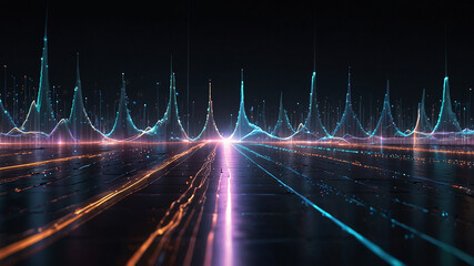 Digital background perfect for tech processes, neural networks, artificial intelligence, data transfer and encryption, digital archives, sound and graphic presentations, science, education, etc.